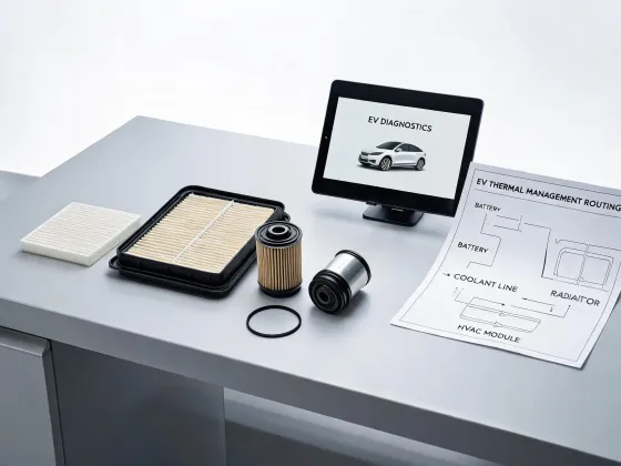 EV service bench with filtration components and diagnostic screen
